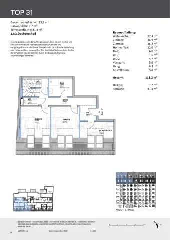 Top 31: 4-Room Penthouse Maisonette, 113 m² + 49 m² Roof Terrace — First Occupancy New Build, Fleischmanngasse 6, 1040 Vienna – floor plan 1